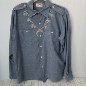 Vintage King Kole Hand Embroidered Southwestern Chambray Long Sleeve Shirt